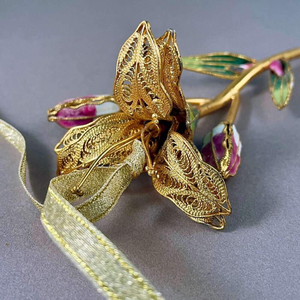 Gold Tone Filigree Flower w 5" Brass Stem Cloisonné Metal Art Floral Ornament